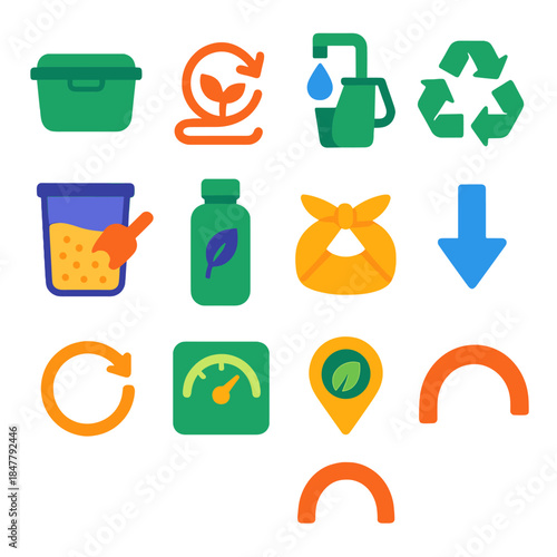 Circular Economy Icons. Circular Economy Transformation flat set: reusable container tile, compost node, refill station bar, recycle ring, bulk bin patch, eco bottle stripe, cloth