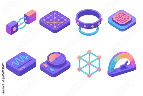 Advanced Neurotech Icons. Advanced Neurotech Set flat isometric set: synaptic relay module, neural mapping grid, cognitive sensor halo, adaptive implant plate, brain-signal tuner,