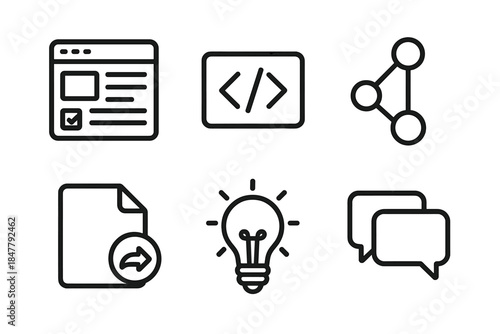 Technical Knowledge Icons. Technical Knowledge Sharing Set linear set: knowledge base page, code snippet, network nodes, shared file, insight bulb, discussion bubble.