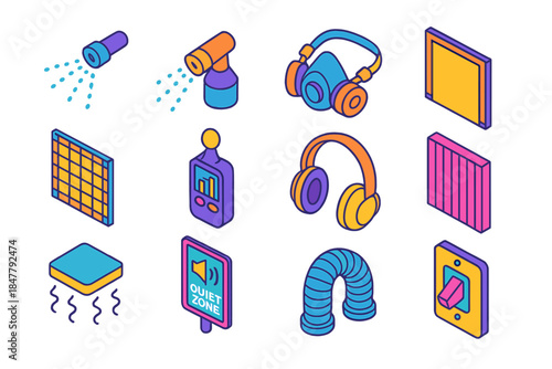 Dust and Noise Icons. Dust and Noise Control Measures isometric flat set: water spray nozzle, dust mist head, filter mask, sealed barrier sheet, debris netting, noise meter,