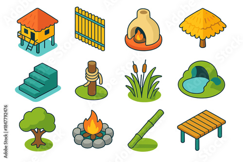 Isometric Riverside Icons. Riverside Environment & Shelter isometric flat set: stilt house, reed wall panel, clay hearth, woven roof, riverbank steps, rope mooring, wetland grasses