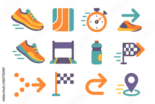 Vibrant Race Vector Icons. Foot Race flat set: sneakers, track lane, stride steps, stopwatch, start line, forward arrow, motion lines, hydration bottle, progress dots, finish flag,