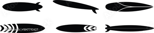 Set of Minimalist black surfboard water sport silhouette vector icon