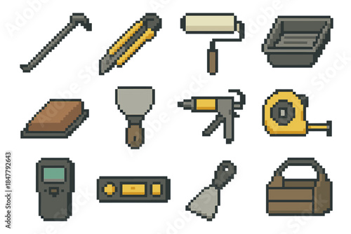 Home Improvement Tools. Home Upgrade Tools set of icons in flat pixel vector style: leverage bar, snap-off knife, paint roller head, tray basin, sand block, putty spreader, caulk