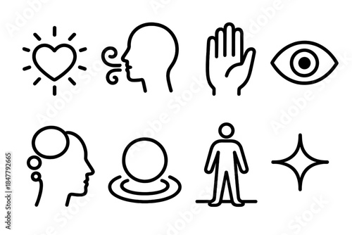 Emotional Awareness Symbols. Attuned Emotional Awareness linear set: heart glow, mindful breath swirl, open palm, soft eye symbol, reflection bubble, warmth ripple, grounded stance