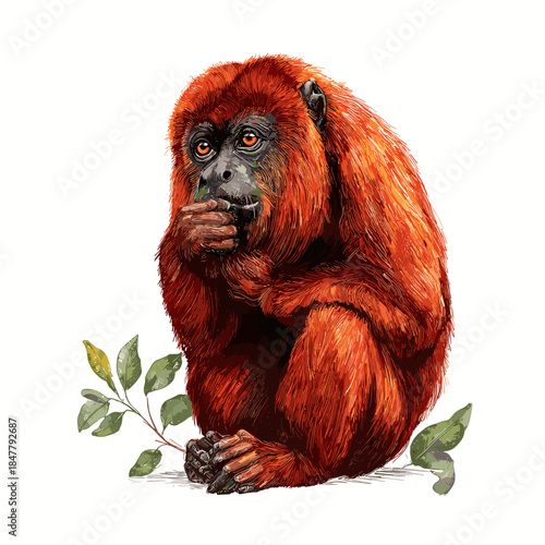 Vector illustration of an mazonian red howler monkey (Alouatta seniculus) isolated on a white background
