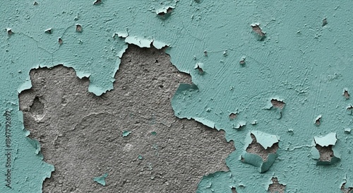 Close-up of teal paint flaking off a rough concrete wall, revealing textured surface beneath. Abstract backdrop with distressed, weathered, and aged appearance, showing decay.