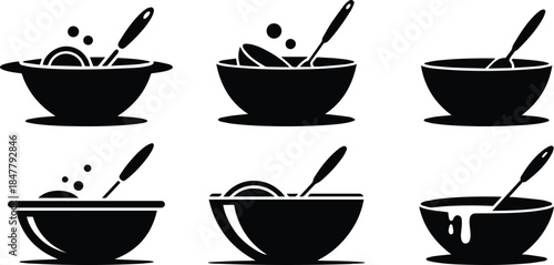 Set of Minimalist black washing up bowl basin silhouette vector icon