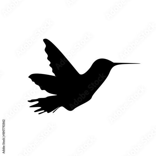 A black vector silhouette of a hummingbird in flight, captured in a minimalist and clean design.Isolated on a white background for easy use.