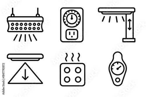 Indoor Grow Light Setup. Indoor Grow Lighting Set linear set: full-spectrum light bar, timer module, height adjustment tile, directional beam arrow, heat management panel,