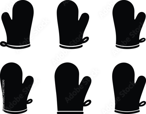 Set of Minimalist black oven mitt kitchen glove silhouette vector icon