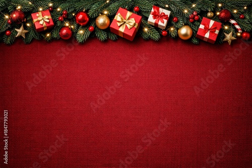 Luxury Gift and Holiday Concept, Red Background with Gift Boxes and Ornaments for Year End Sale Events and Gift Guide Banners.