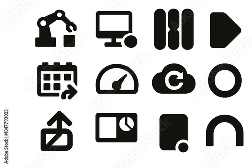Brutalist Work Icons. Forward-Looking Work Models silhouette set: automation cue tile, digital workspace node, hybrid rhythm bar, flexible schedule strip, capability growth gauge,