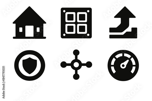 Brutalist Habitat Icons. Survivable Habitat Structures silhouette set: emergency shelter icon, reinforced panel tile, environmental adaptation arrow, protective barrier ring,
