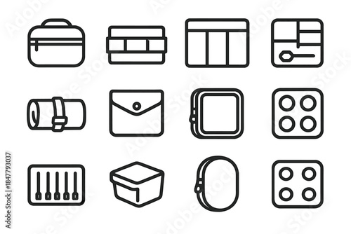 Tool Storage Icons. Small Tool Storage Symbols linear set: micro case, elastic band holder, divided pocket panel, tiny hardware tray, lightweight tool roll, snap pocket, zip