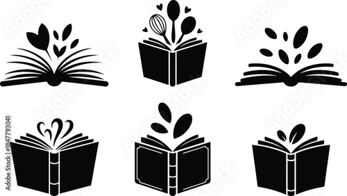 Set of Minimalist black open recipe book silhouette vector icon
