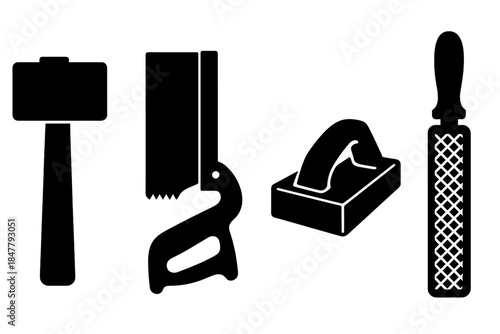 Carpentry Tool Icons. Carpentry Essentials silhouette set: mallet block, dovetail saw, sanding file.