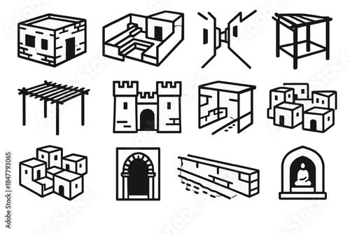 Ancient Urban Icons. Ancient Urban Forms linear set: clay-brick dwelling, stepped courtyard, narrow alley, reed canopy, fortified gatehouse, market stall frame, rooftop terrace,