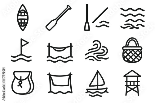 Water Navigation Icons. Travel & Navigation on Water linear set: narrow canoe, steering paddle, shallow-depth pole, river current icon, shoreline marker, crossing rope, water trail