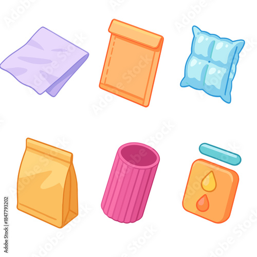 Colorful Packaging Icons. Lightweight Packing Materials flat isometric set: tissue wrap, thin mailer, inflatable cushion, kraft pouch, flexible sleeve, durability indicator.
