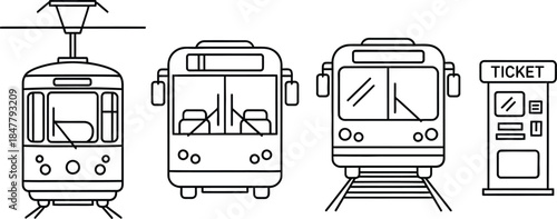 Public transportation icons with tram, a bus, a train/metro, and a ticket machine.  