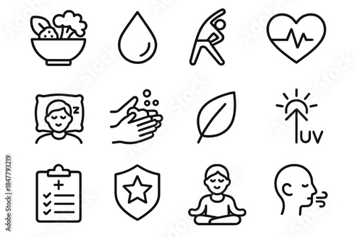 Holistic Health Icons. Holistic Health Concepts linear set: veggie bowl, hydration drop, stretching stance, cardio heart, night rest icon, wash hands, hygiene icon, peaceful leaf,