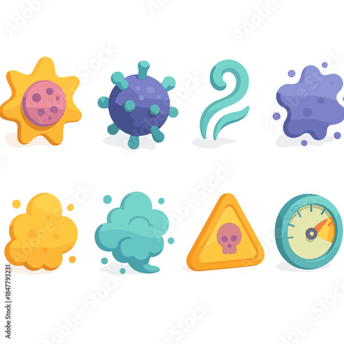 Micro-Environmental Icons. Micro-Level Environmental Threats flat isometric set: dust-mote icon, micro-toxin bead, localized vapor curl, trace pollutant smudge, subtle irritant