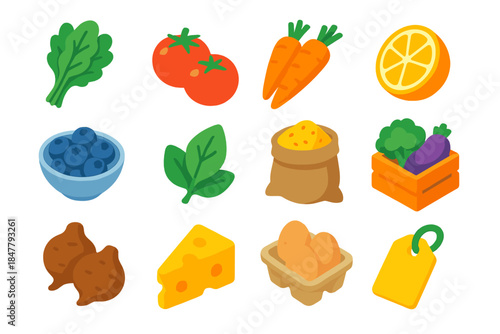 Colorful Food Icons. Fresh Food Stall Icons isometric flat set: greens bunch, tomato set, carrot pair, citrus cut, berry dish, herb leaf, grain sack, veggie crate, root pile,