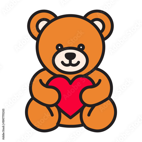 Cute linear icon of a teddy bear with color fill holding a heart. Editable stroke Valentine design for love, romance, wedding, greeting card, or gift projects