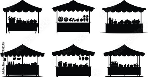 Set of Minimalist black farmers market stand stall silhouette vector icon