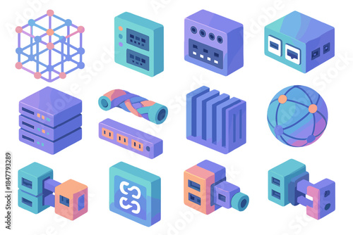 Colorful Hardware Icons. Hardware Mesh Infrastructure flat isometric set: node lattice cube, smart switch panel, core router plate, braided fiber trunk, multi-unit server stack,
