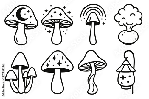Magical Mushroom Icons. Magical mushroom elements linear set: moonlit cap, shimmering gill fungus, rainbow stalk, misty puffball, enchanted grove cluster, star-speckled mushroom,