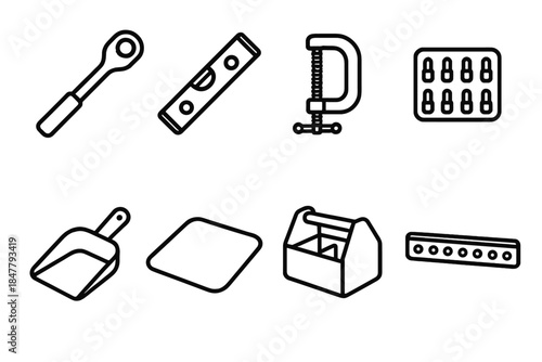 Workshop Tools Icons. Workshop Utility Set linear set: socket wrench, level bar, small clamp, bit holder tile, hardware scoop, bench mat, tool caddy, organizer strip.