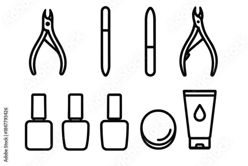 Manicure Tools Icons. Manicure Essentials linear set: precision clipper, metal file, glass nail file, cuticle trimmer, base coat bottle, top coat bottle, polish remover pad,