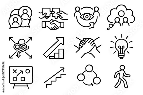 Collaborative Solutions Icons. Group Solution Set linear set: team dialogue bubble, joint puzzle match, shared vision symbol, thought cluster, problem map, solution arrow,