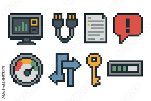 IT Management Icons. IT Operations Management pixel style set: workload monitor, network cable icon, system log sheet, alert bubble, performance gauge, workflow arrows, admin key,