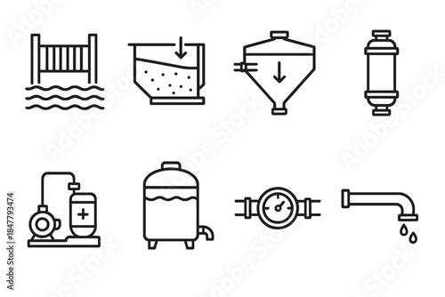 Water Treatment Icons. Water Treatment Elements linear set: source intake, grit removal tray, clarifier bowl, membrane filter, chlorination pump, storage cistern, flow meter,