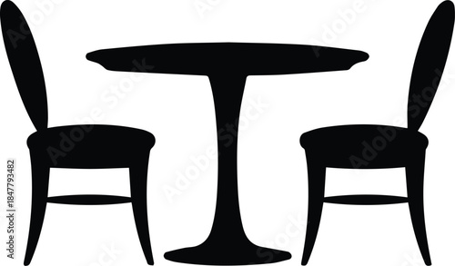 Minimalist black dining table with two chairs furniture silhouette vector icon