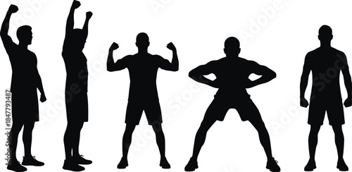 Workout body movement, athlete, fitness, exercise at the gym trainer vector illustration silhouette icon set. 