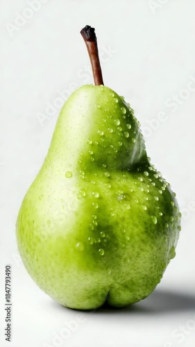 Fresh green pear with droplets of water on a light background, highlighting its texture and shape