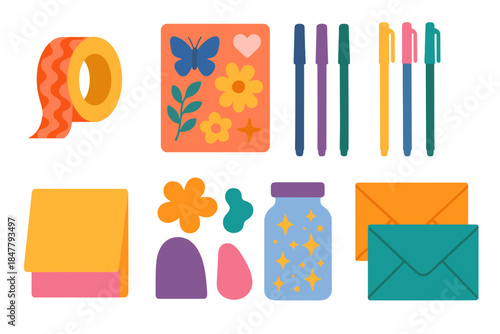 Vibrant Stationery Essentials. Artful Stationery Kit flat set: design tape roll, aesthetic sticker array, fine markers, color gel pens, memo pad, shaped paper bits, sparkle jar,