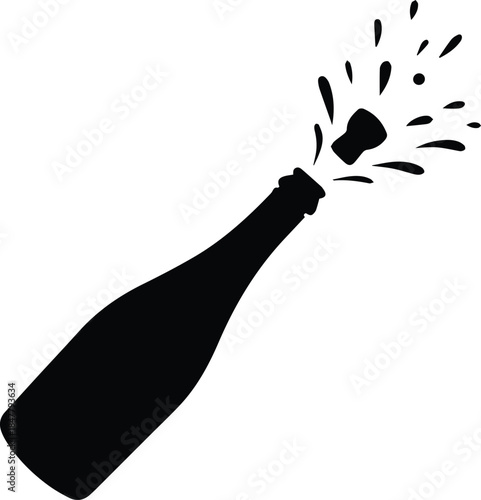 Minimalist black champagne bottle with cork popping silhouette vector icon