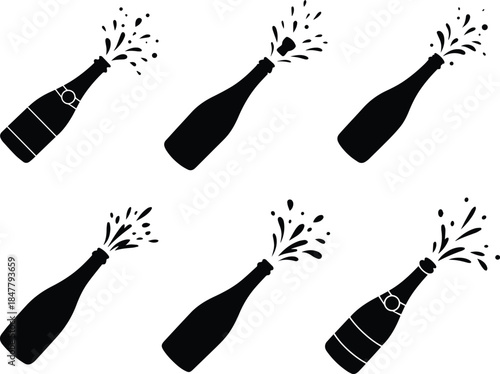 Set of Minimalist black champagne bottle with cork popping silhouette vector icon