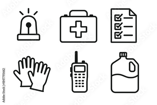 Crisis Readiness Icons. Crisis Readiness Essentials linear set: emergency beacon, first aid kit, crisis checklist, communication radio, protective gloves, water supply jug.