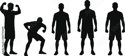Workout body movement, athlete, fitness, exercise at the gym trainer vector illustration silhouette icon set. 