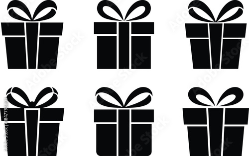 Set of Minimalist black birthday present gift box with bow silhouette vector icon