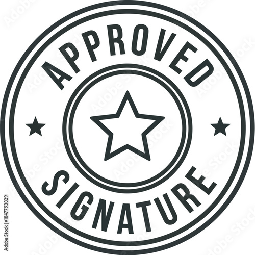 Approved stamp seal with star symbol and signature text in black and white for verification and validation concept