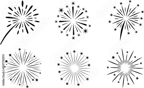 Set of Minimalist black exploding firework starburst silhouette vector icon