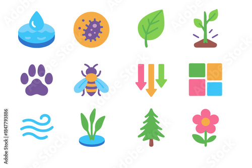 Vibrant Ecosystem Icons. Ecosystem Wellbeing Set isometric flat set: water purity icon, soil microbe symbol, leaf vitality, strong stem, wildlife track, insect hover, nutrient