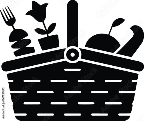 Minimalist black open picnic basket with food silhouette vector icon